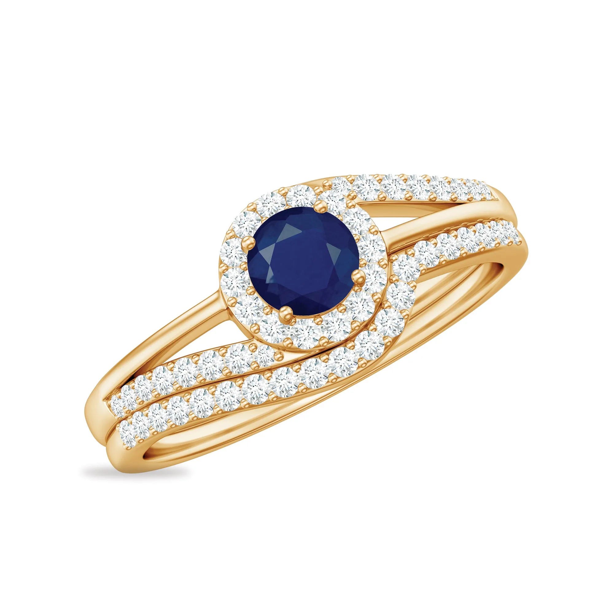 1 CT Bypass Blue Sapphire and Diamond Wedding Ring Set