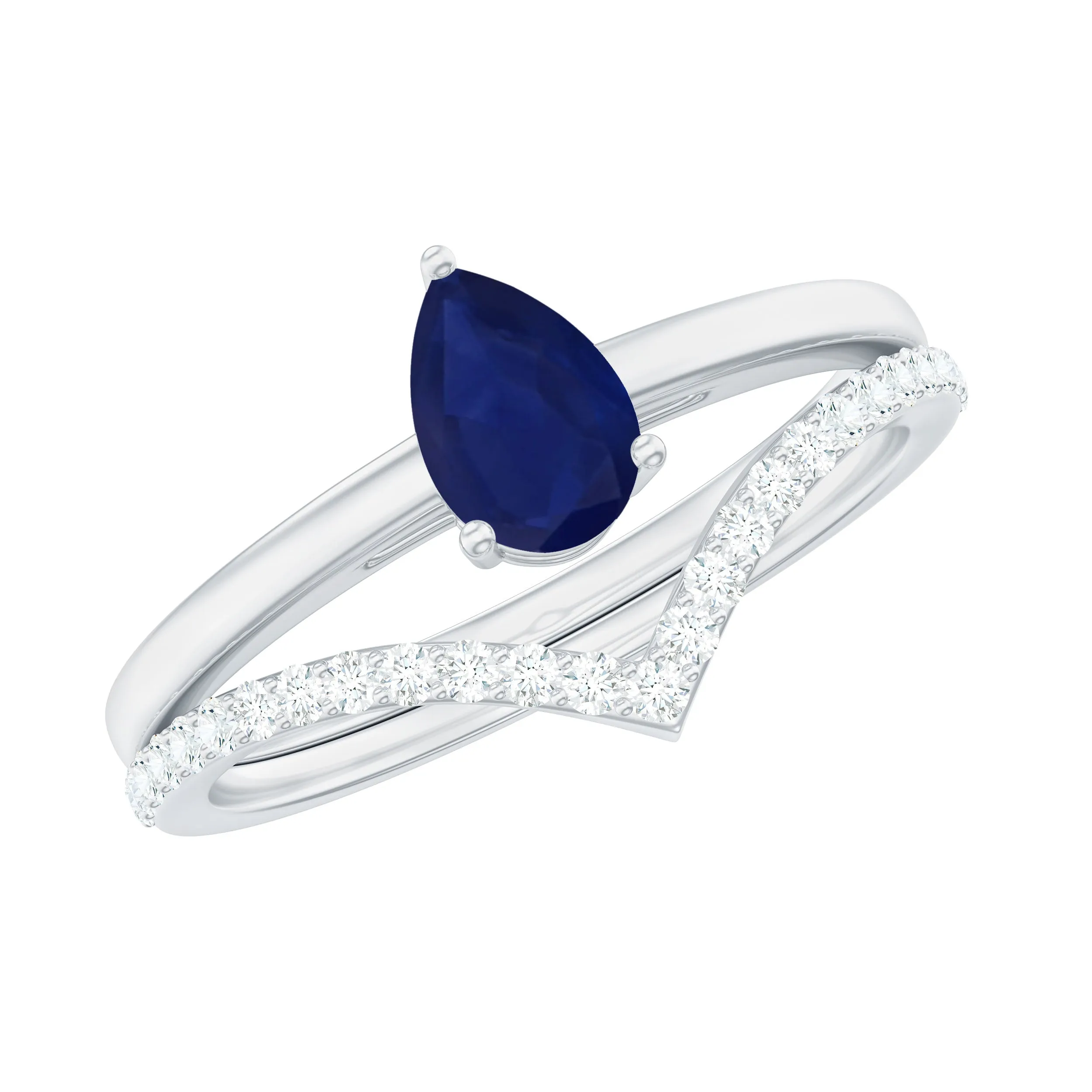 1 CT Pear Cut Blue Sapphire Solitaire Ring Set with Diamond Enhancer Band