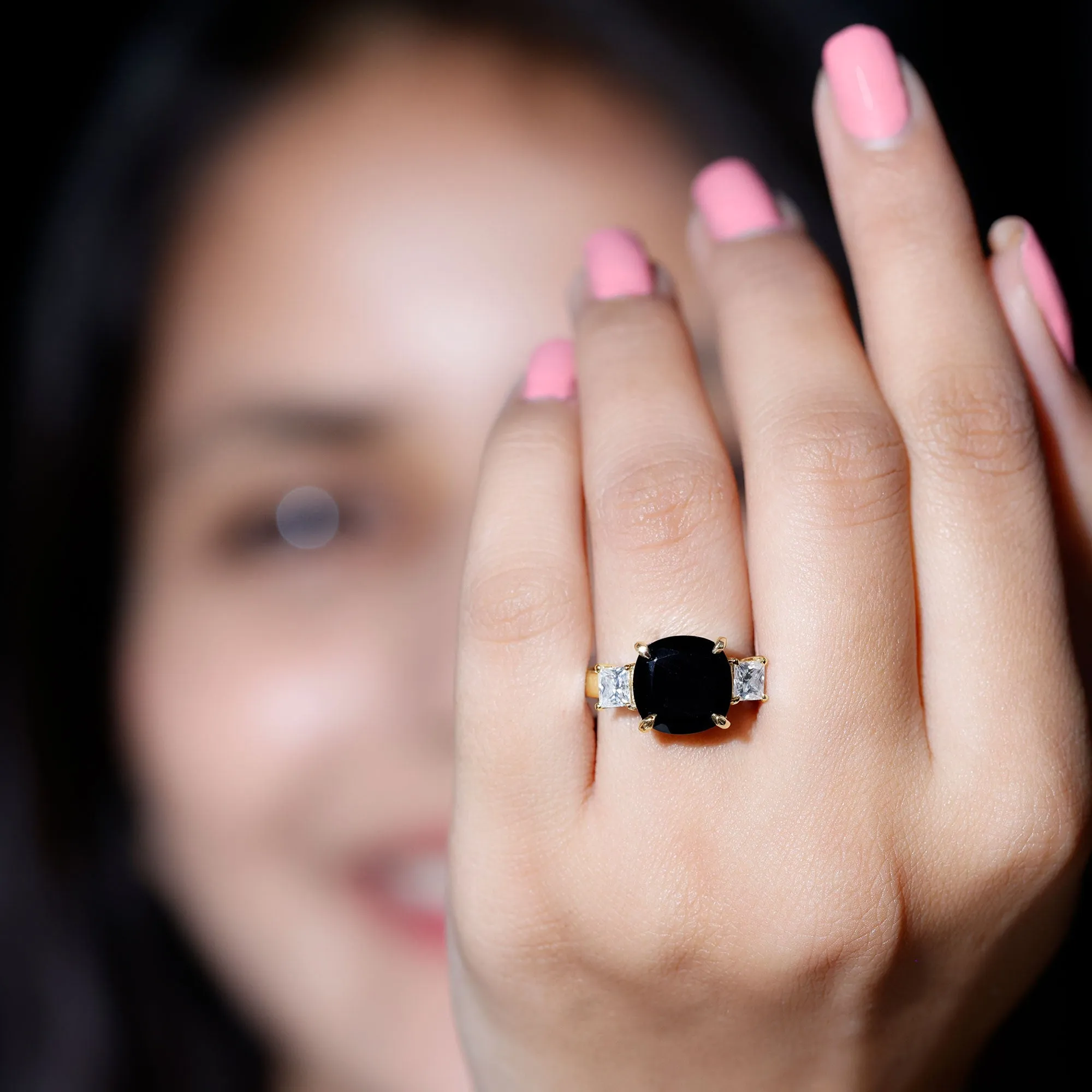 10 MM Cushion Created Black Diamond Solitaire Engagement Ring with Moissanite