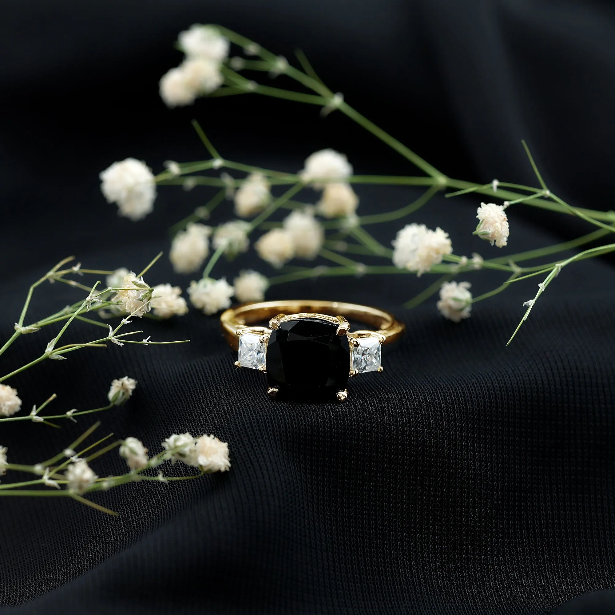 10 MM Cushion Created Black Diamond Solitaire Engagement Ring with Moissanite