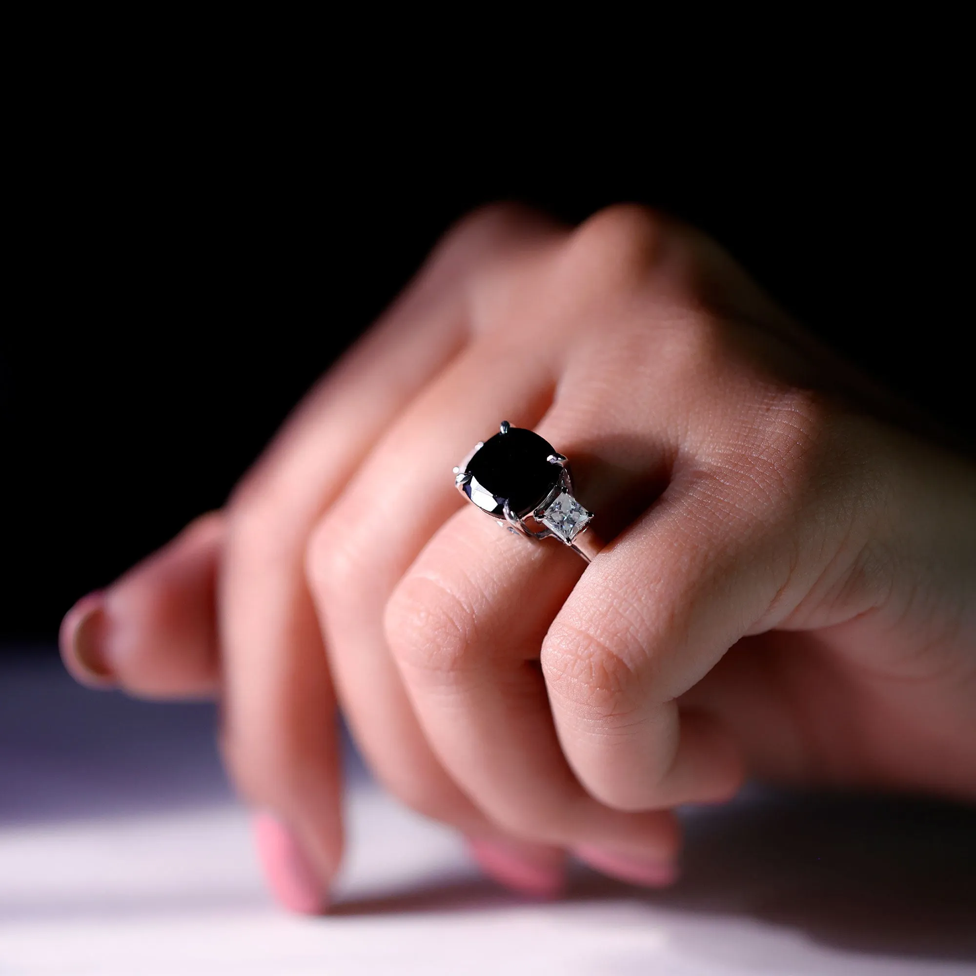 10 MM Cushion Created Black Diamond Solitaire Engagement Ring with Moissanite