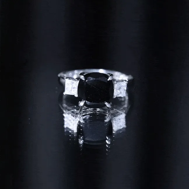 10 MM Cushion Created Black Diamond Solitaire Engagement Ring with Moissanite