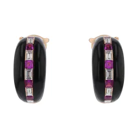 1.24Ct Ruby and 0.90Ct Diamond Black Onyx Huggie Earrings in 18k Rose Gold