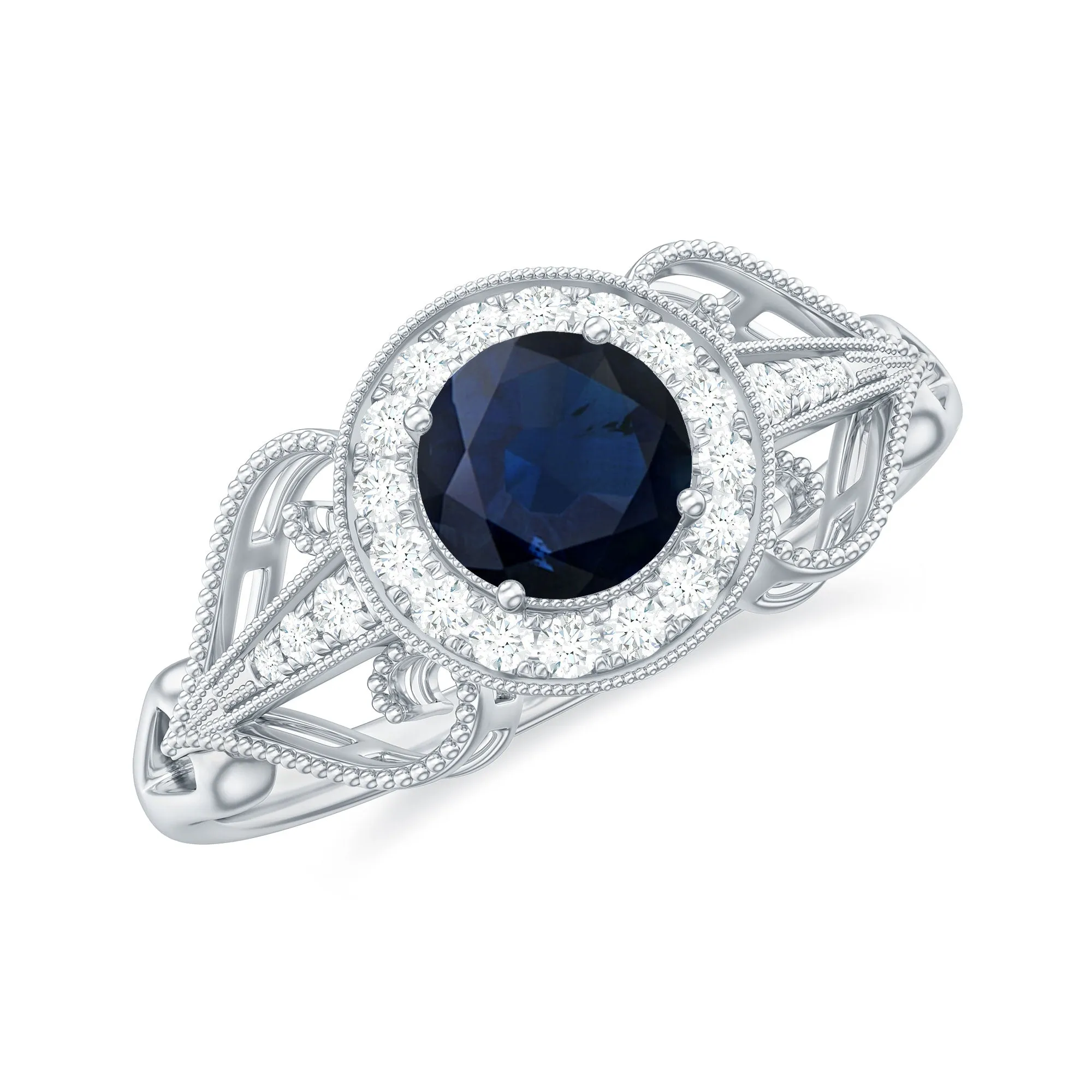 1.25 CT Blue Sapphire Solitaire with Diamond Milgrain Engagement Ring