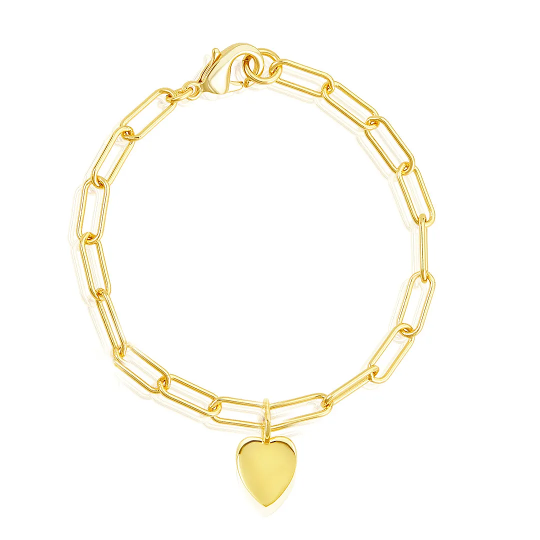 14k Gold Plated Heart Charm Paper Clip Chain Bracelet