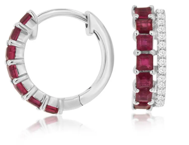 14k white gold ruby and diamond hinged hoop earrings