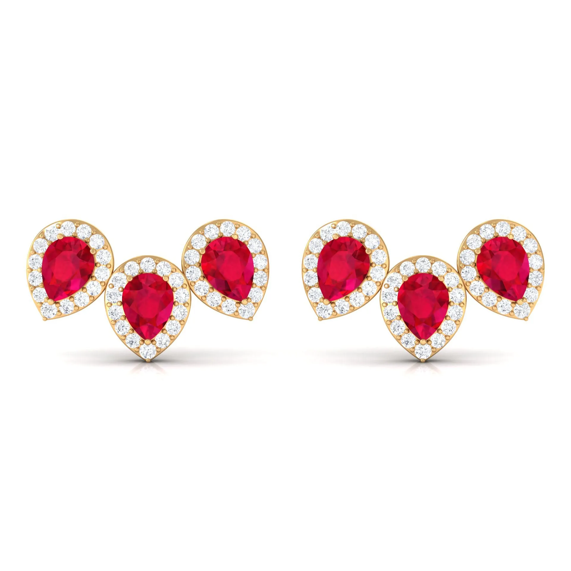 1.75 CT Created Ruby and Diamond Halo 3 Stone Earrings