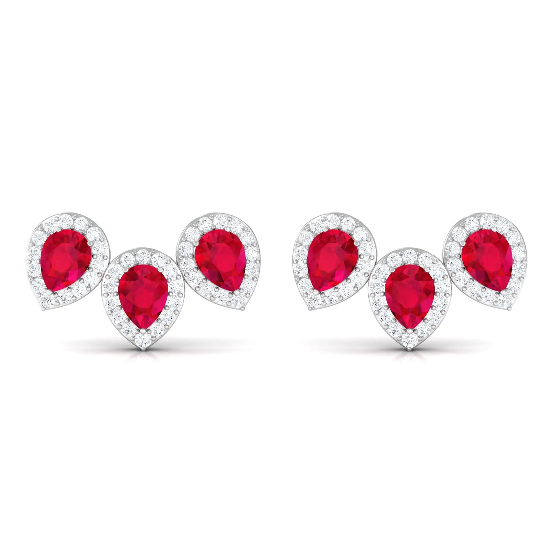 1.75 CT Created Ruby and Diamond Halo 3 Stone Earrings