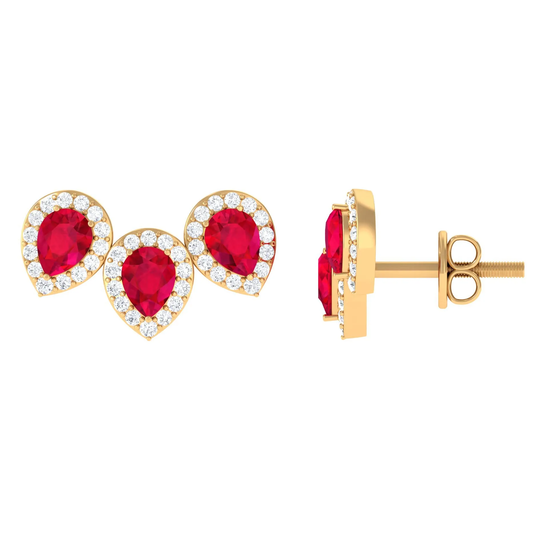 1.75 CT Created Ruby and Diamond Halo 3 Stone Earrings