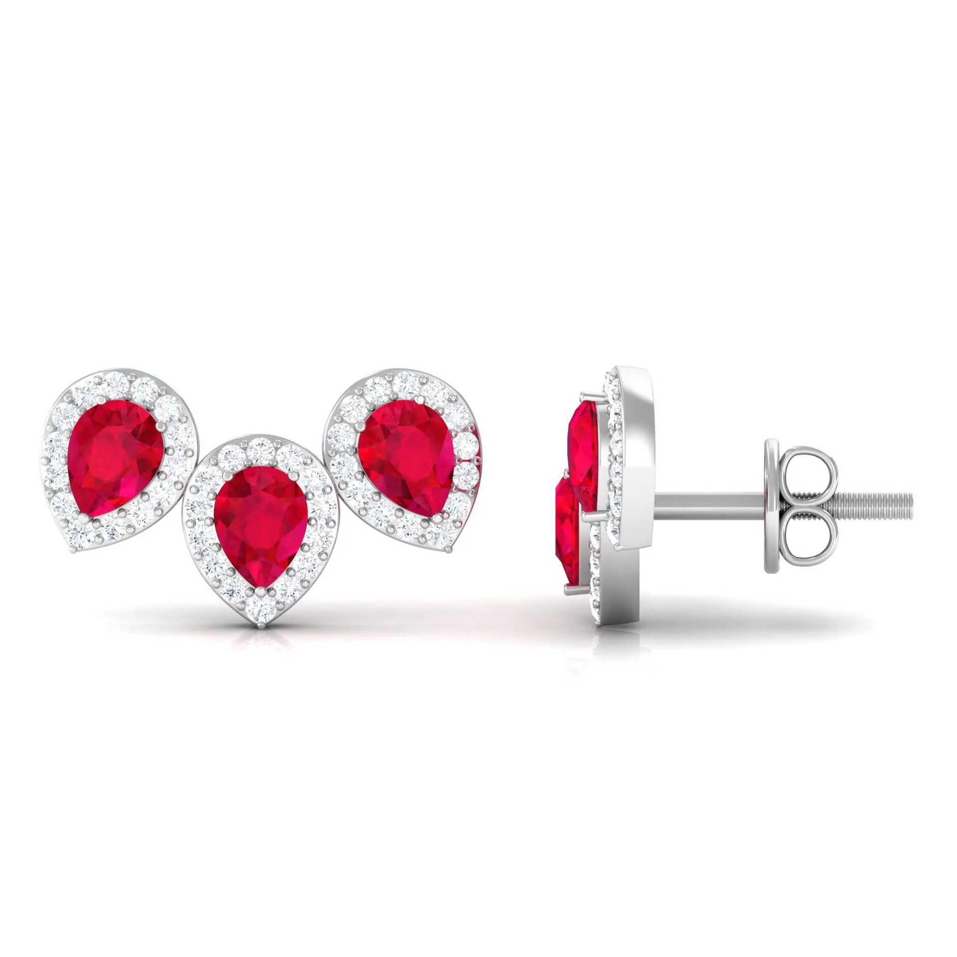 1.75 CT Created Ruby and Diamond Halo 3 Stone Earrings