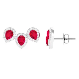 1.75 CT Created Ruby and Diamond Halo 3 Stone Earrings