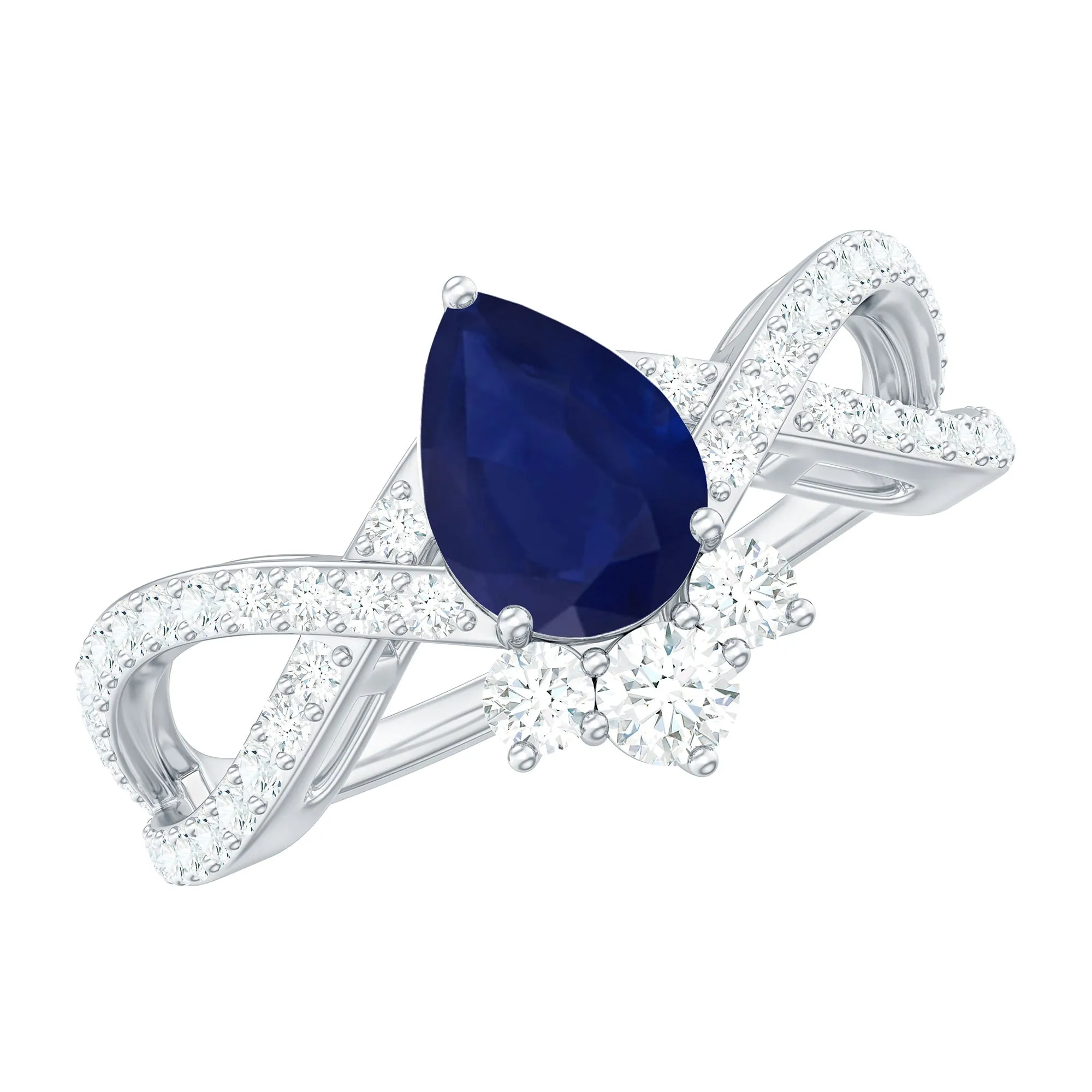 1.75 CT Pear Cut Blue Sapphire and Diamond Crossover Engagement Ring