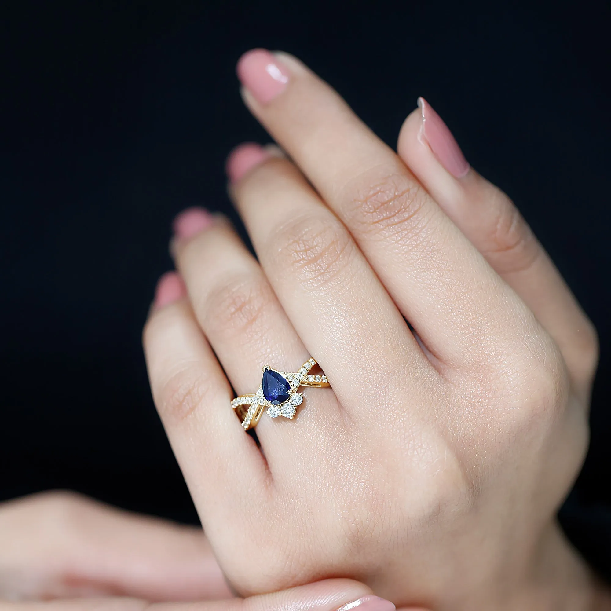 1.75 CT Pear Cut Blue Sapphire and Diamond Crossover Engagement Ring