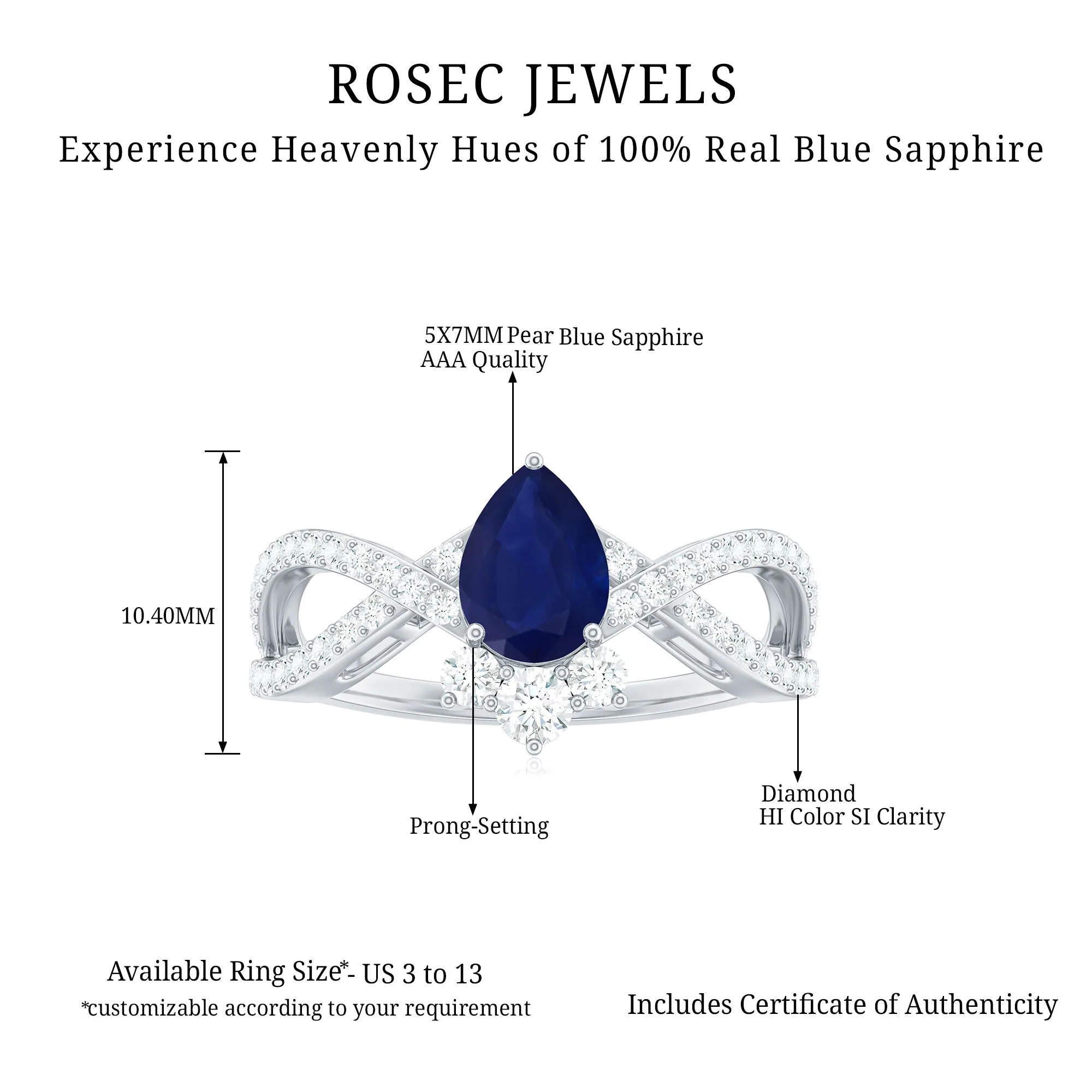 1.75 CT Pear Cut Blue Sapphire and Diamond Crossover Engagement Ring