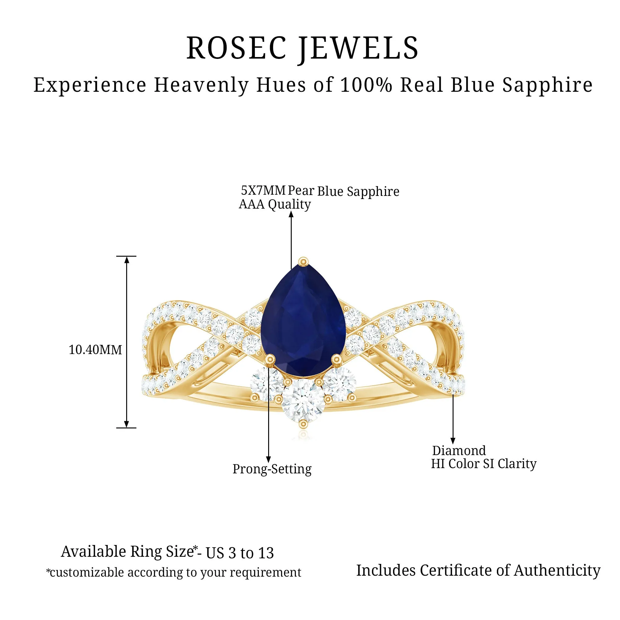 1.75 CT Pear Cut Blue Sapphire and Diamond Crossover Engagement Ring