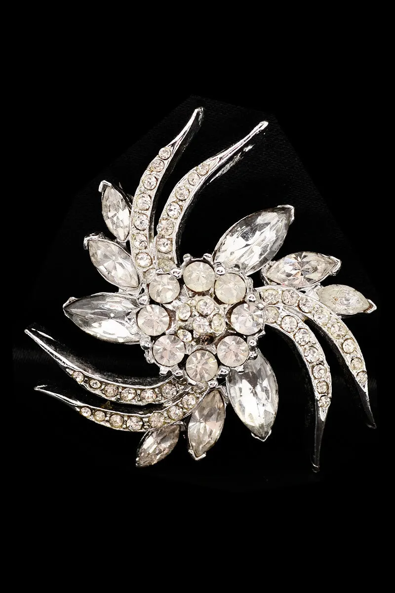 1950s Pell Silver Pinwheel Brooch w/ Rhinestones and Marquise Cut Rhinestones