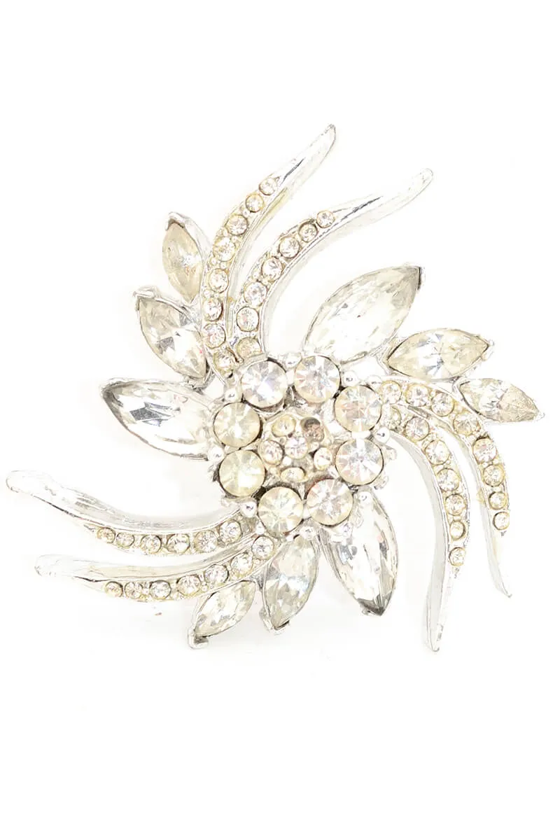 1950s Pell Silver Pinwheel Brooch w/ Rhinestones and Marquise Cut Rhinestones