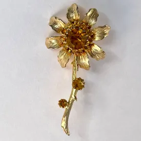 1960s Topaz Rhinestone Gold-Tone Flower Brooch