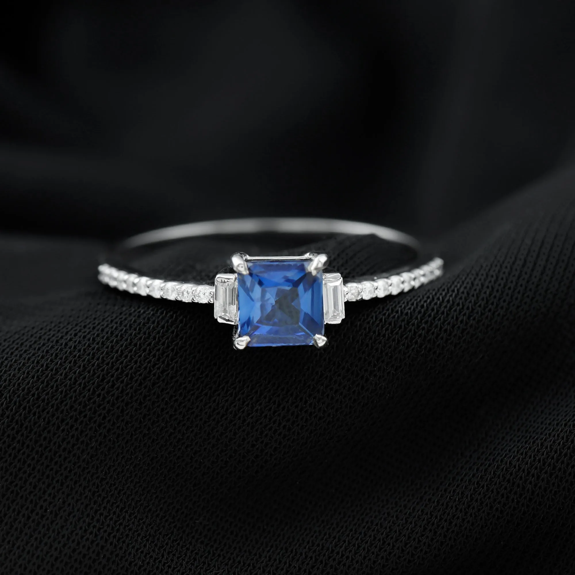 2 CT Princess Cut Created Blue Sapphire Promise Ring with Diamond Side Stones