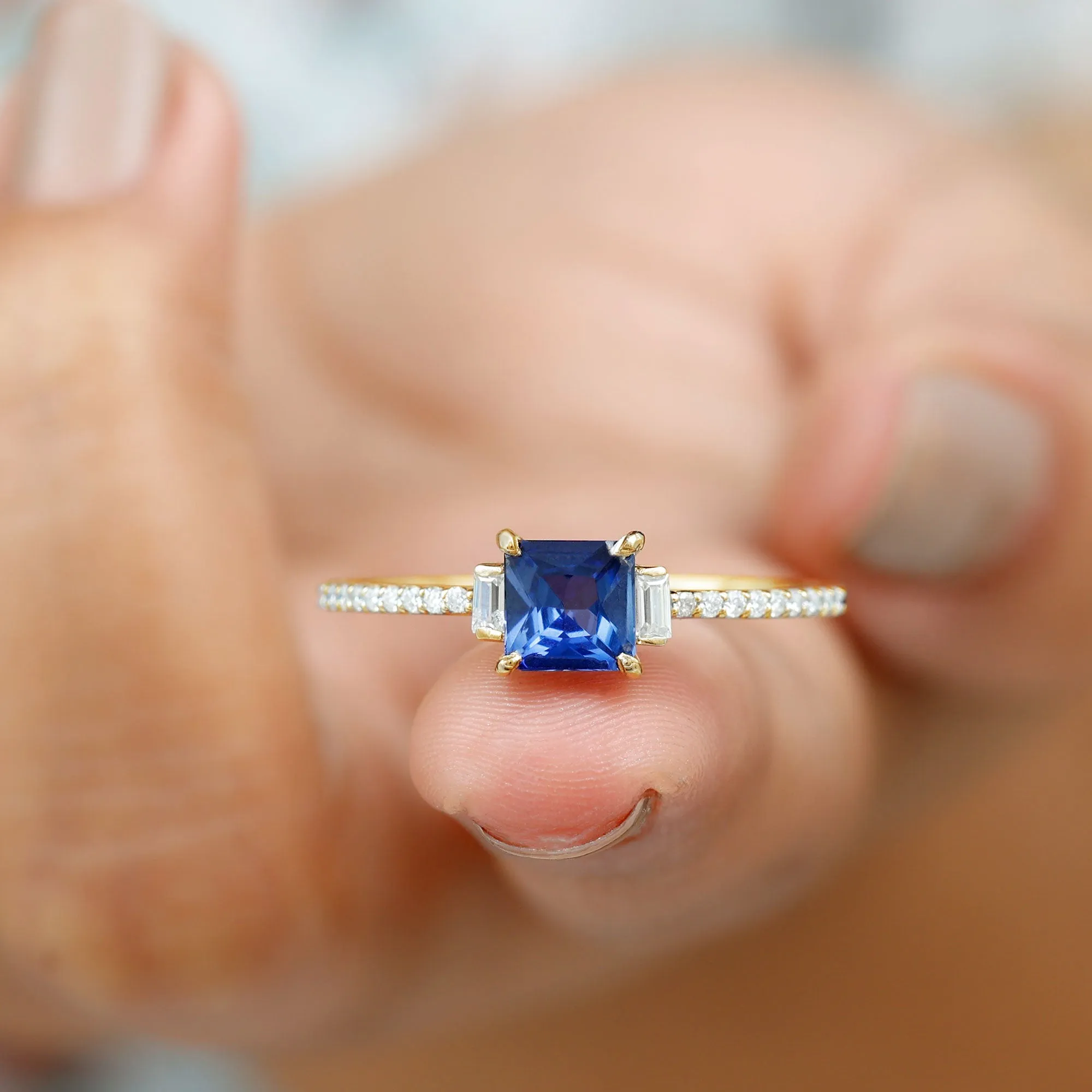 2 CT Princess Cut Created Blue Sapphire Promise Ring with Diamond Side Stones