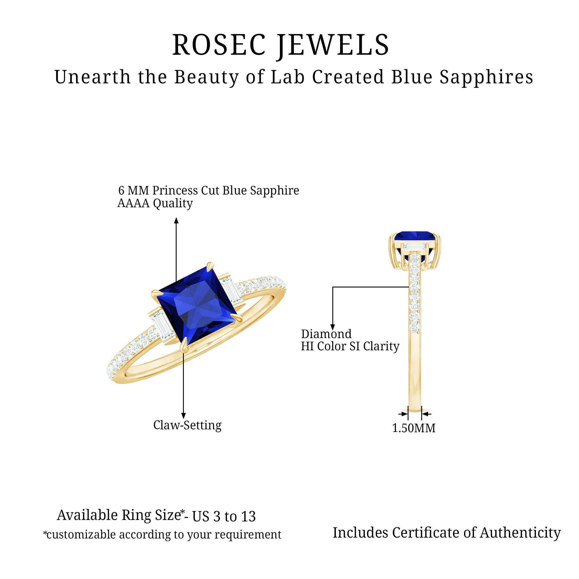 2 CT Princess Cut Created Blue Sapphire Promise Ring with Diamond Side Stones