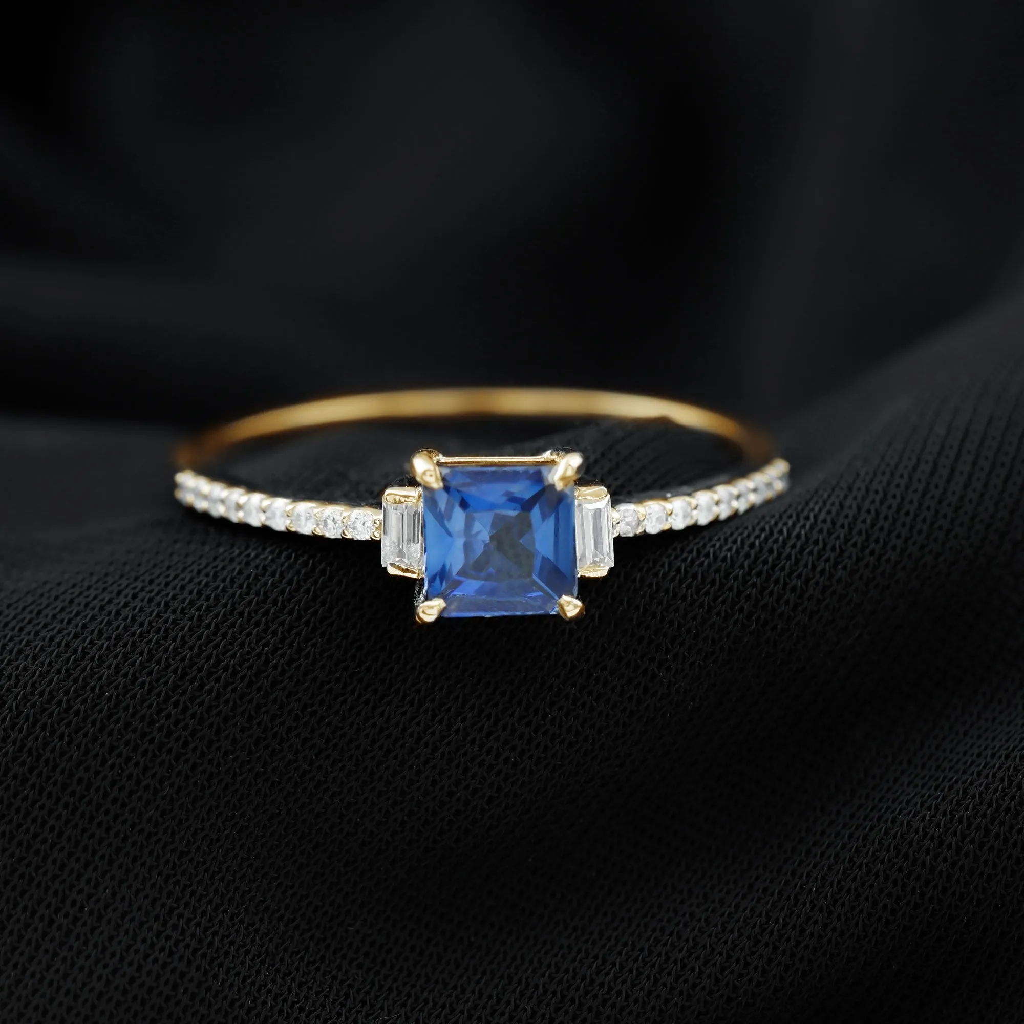 2 CT Princess Cut Created Blue Sapphire Promise Ring with Diamond Side Stones