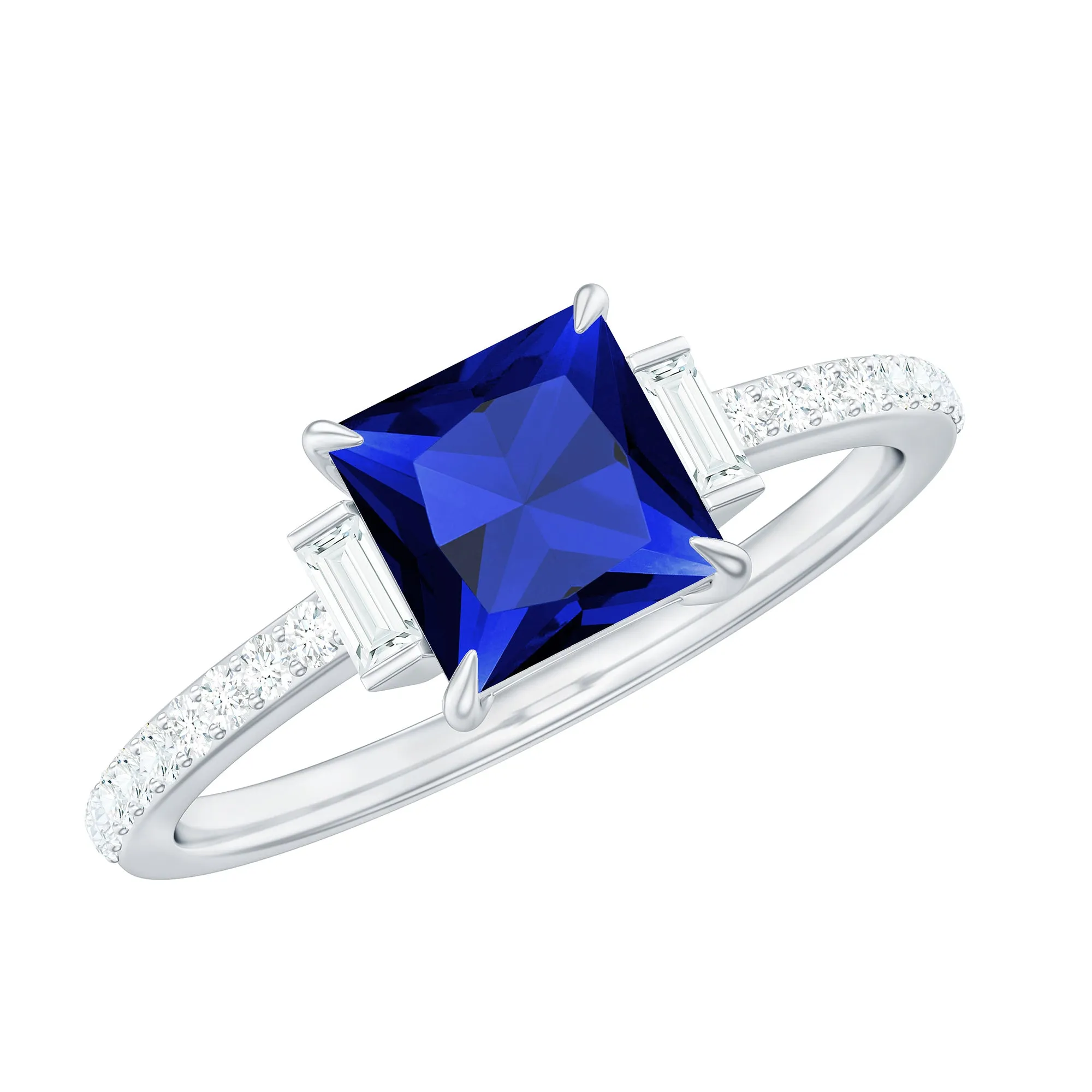 2 CT Princess Cut Created Blue Sapphire Promise Ring with Diamond Side Stones