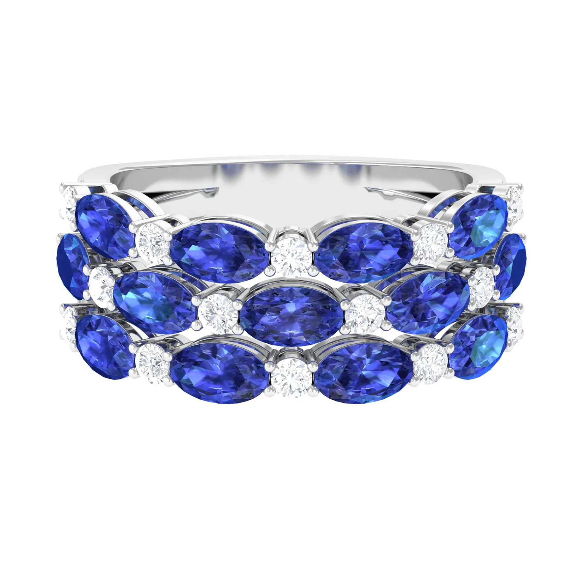 3 Row Lab-Created Blue Sapphire Wedding Band Ring with Diamond