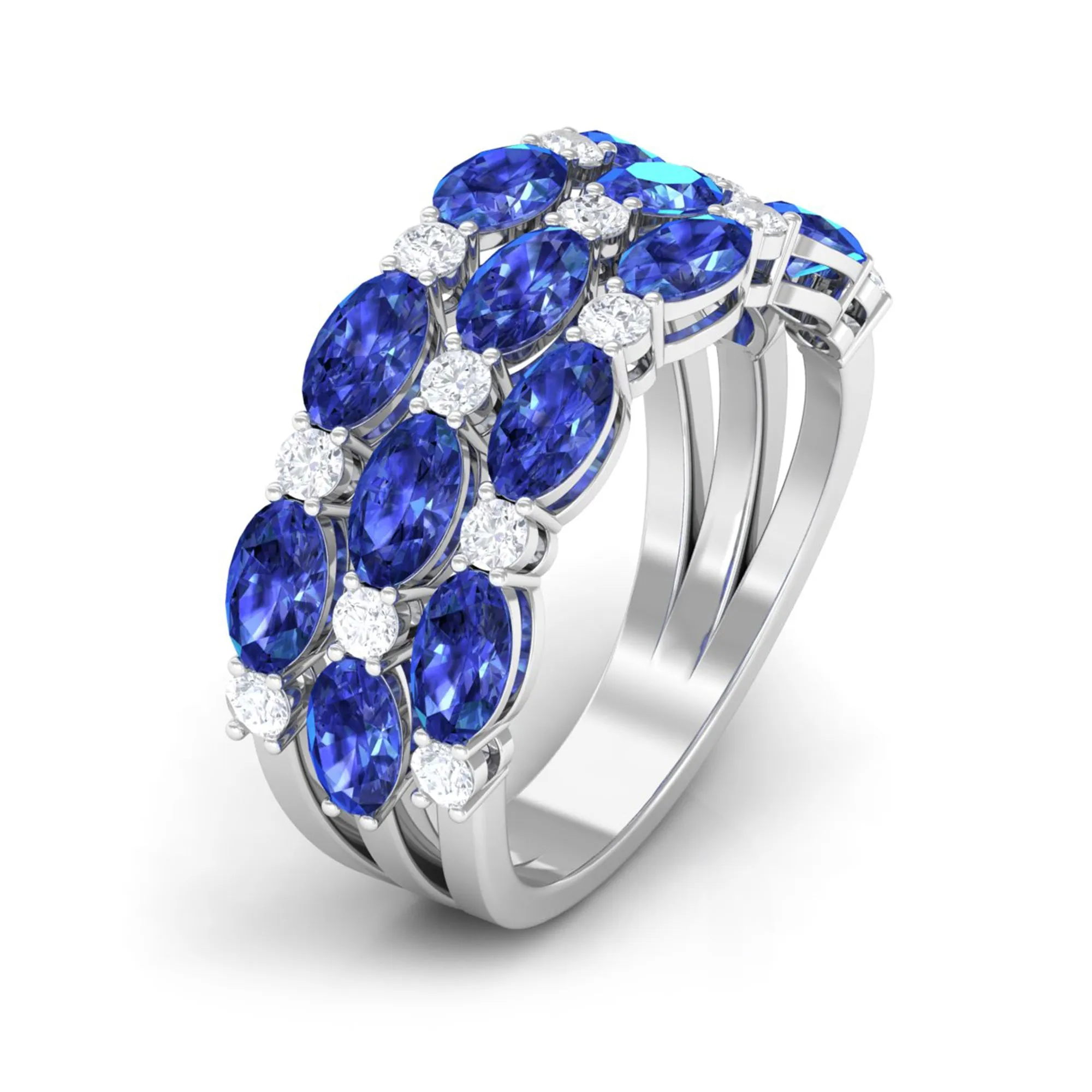 3 Row Lab-Created Blue Sapphire Wedding Band Ring with Diamond