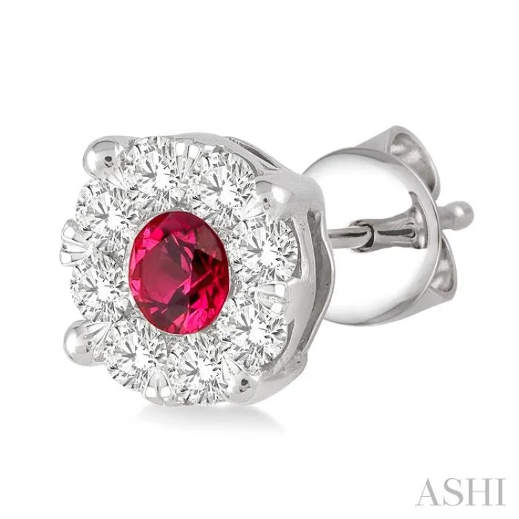 3.3mm Round Cut Ruby and 1/2 Ctw Lovebright Diamond Precious Earrings in 14K White Gold