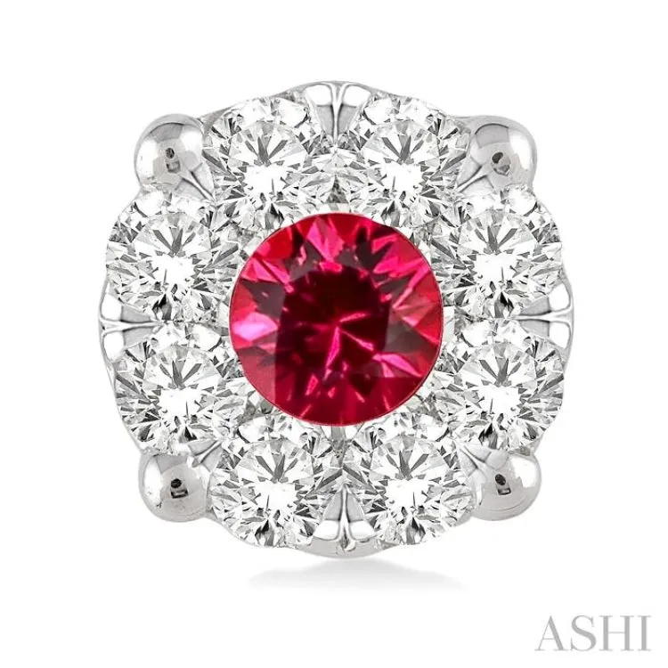 3.3mm Round Cut Ruby and 1/2 Ctw Lovebright Diamond Precious Earrings in 14K White Gold