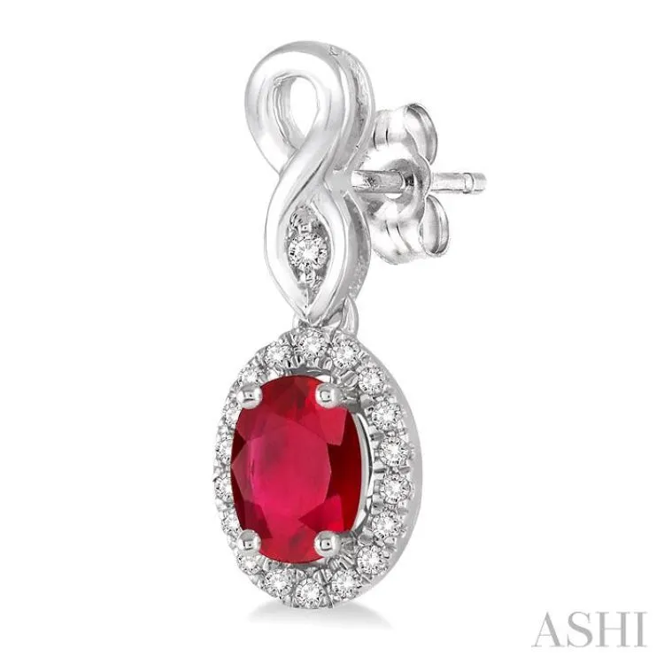 5x3 MM Oval Cut Ruby and 1/6 Ctw Round Cut Diamond Earrings in 14K White Gold