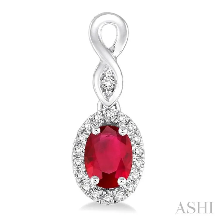 5x3 MM Oval Cut Ruby and 1/6 Ctw Round Cut Diamond Earrings in 14K White Gold