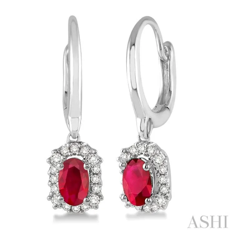 5x3 MM Oval Cut Ruby and 1/6 Ctw Round Cut Diamond Precious Earrings in 14K White Gold