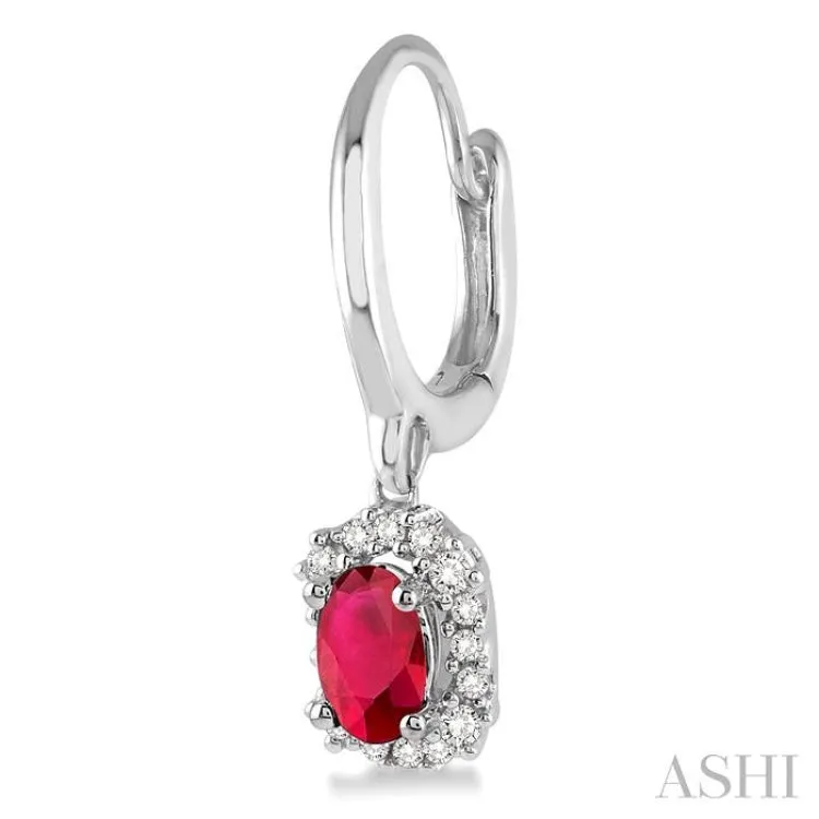 5x3 MM Oval Cut Ruby and 1/6 Ctw Round Cut Diamond Precious Earrings in 14K White Gold