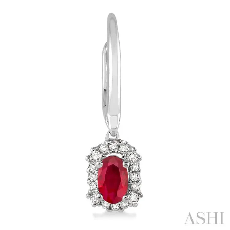 5x3 MM Oval Cut Ruby and 1/6 Ctw Round Cut Diamond Precious Earrings in 14K White Gold