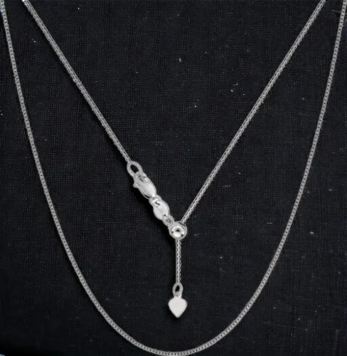 .925 Sterling Silver Adjustable Box Chain, adjustable up to 24 inches