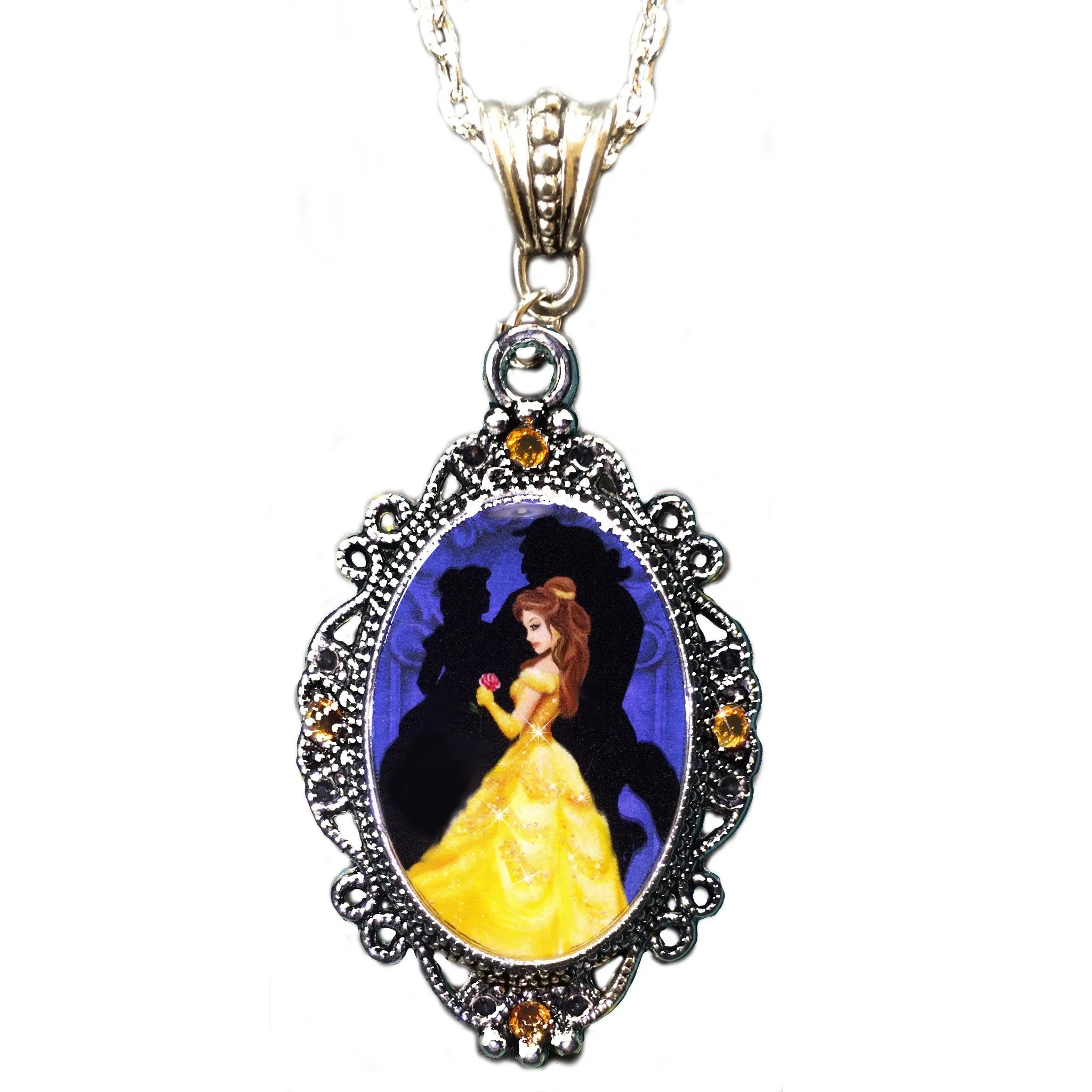 Alkemie Belle Beauty and the Beast Cameo Pendant Necklace with Sparkles