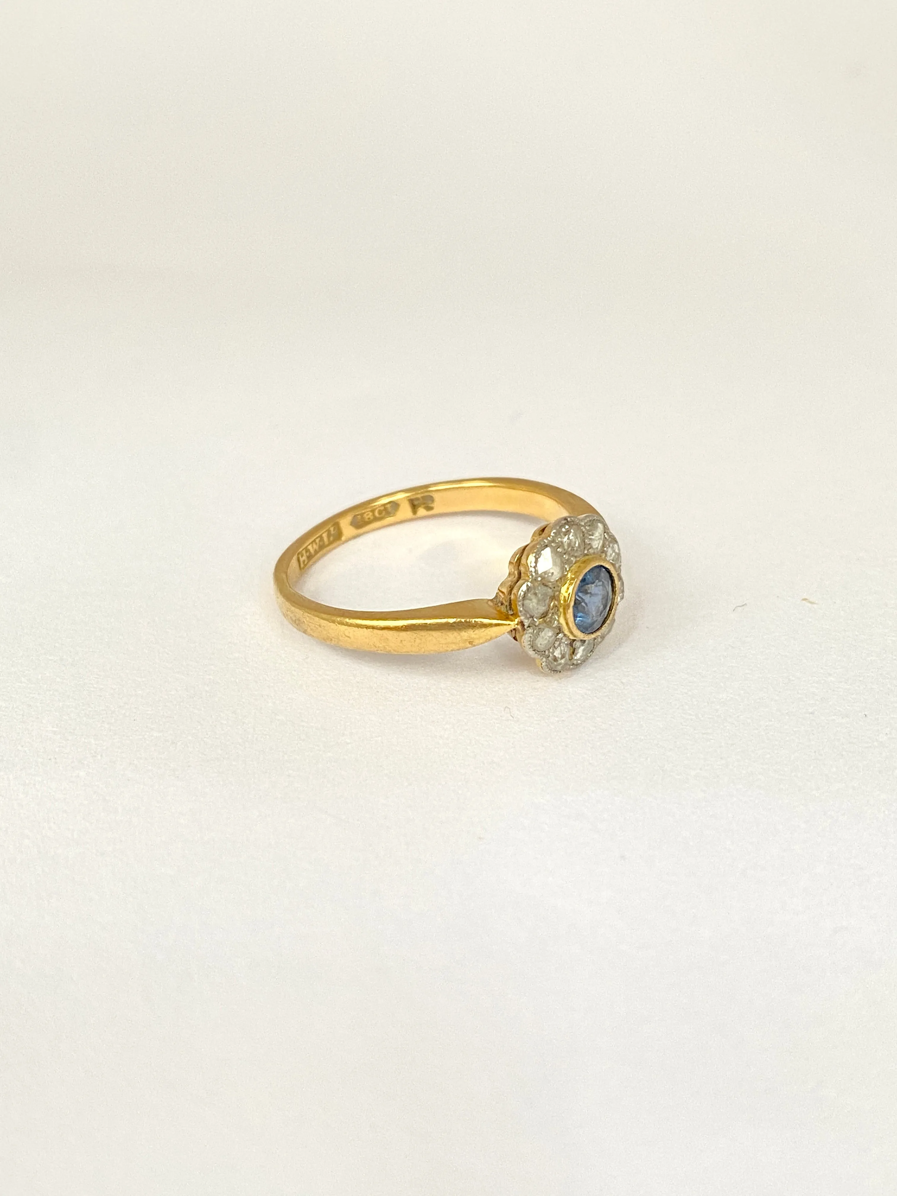 Antique, 18ct Gold, Art Deco Sapphire and Rose Cut Diamond Cluster Ring