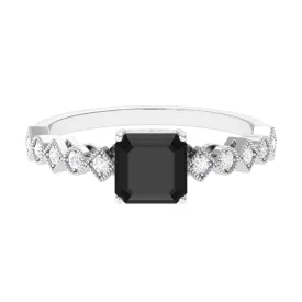 Asscher Cut Created Black Diamond Solitaire Engagement Ring with Diamond