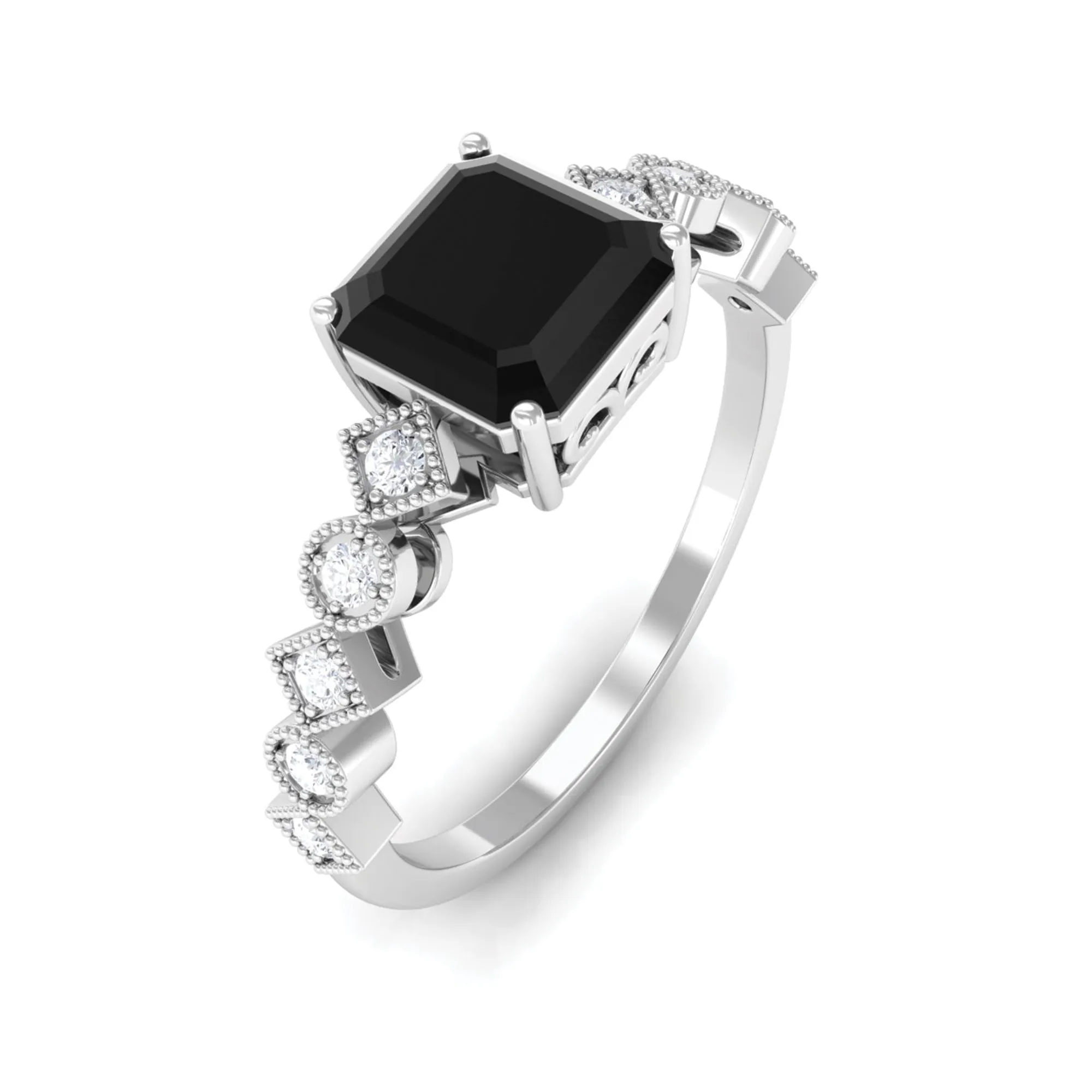 Asscher Cut Created Black Diamond Solitaire Engagement Ring with Diamond