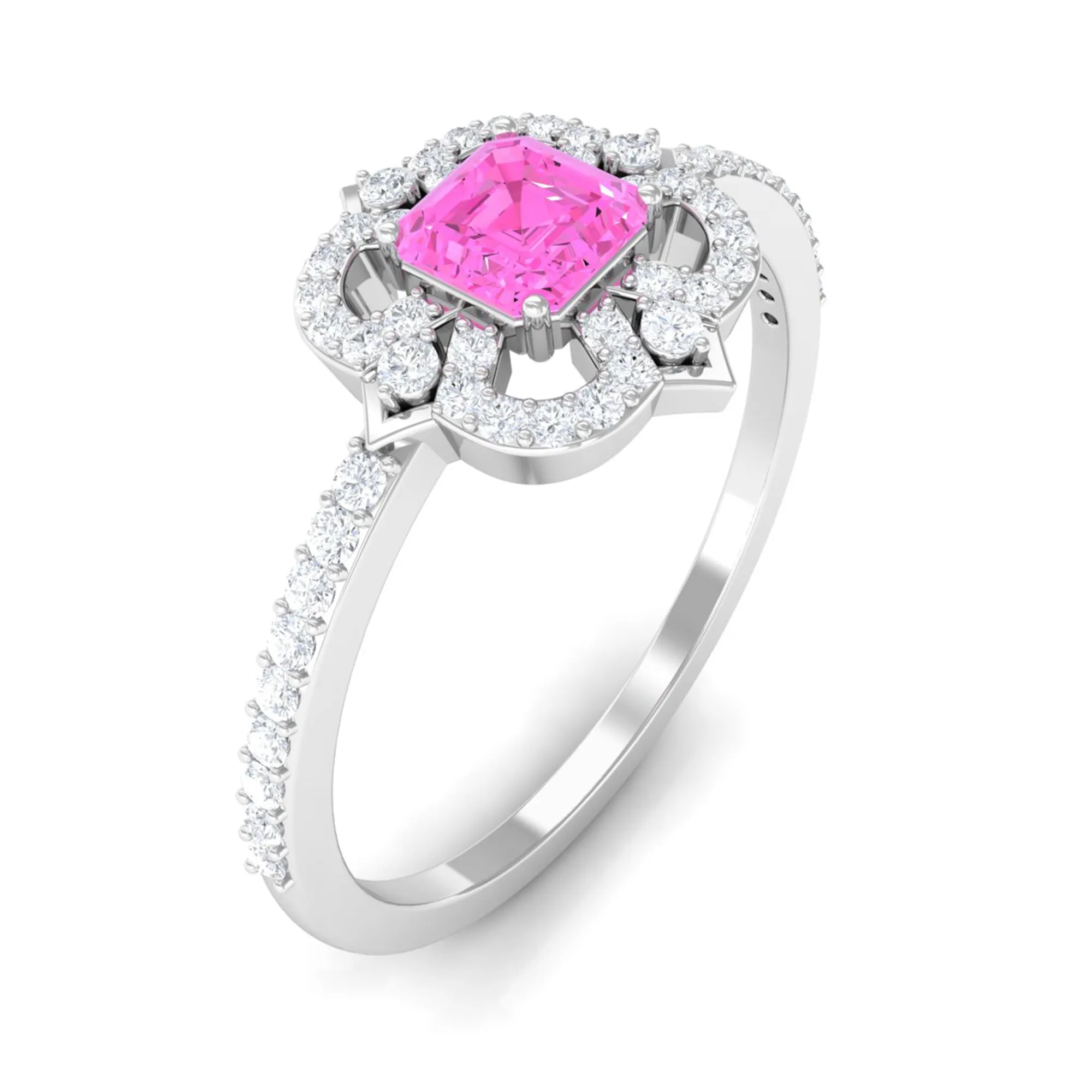 Asscher Cut Created Pink Sapphire Statement Engagement Ring with Diamond