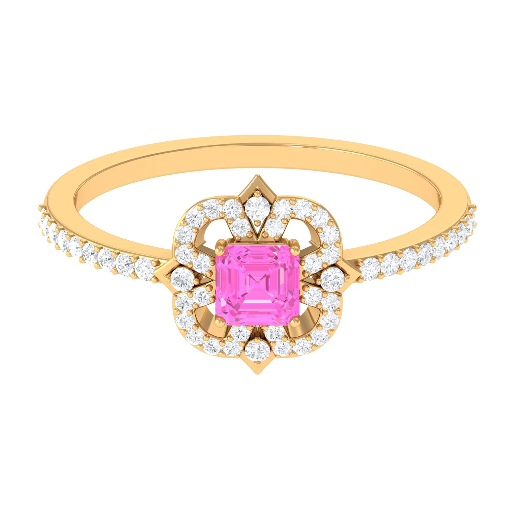 Asscher Cut Created Pink Sapphire Statement Engagement Ring with Diamond