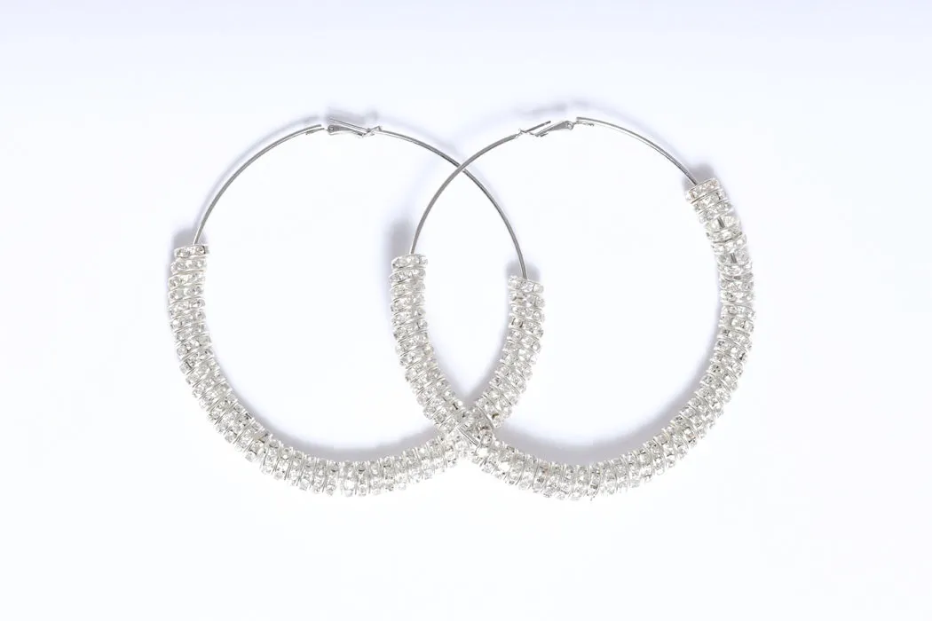 Basketball Vibes Oversized Rhinestone Hoop Earrings - Silver