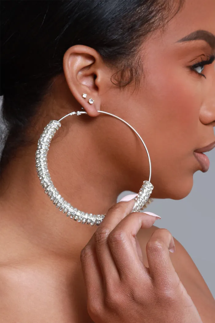 Basketball Vibes Oversized Rhinestone Hoop Earrings - Silver