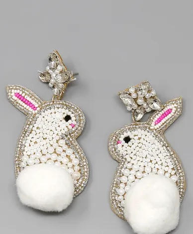 Beaded Easter Bunny post Earrings with Puff tail