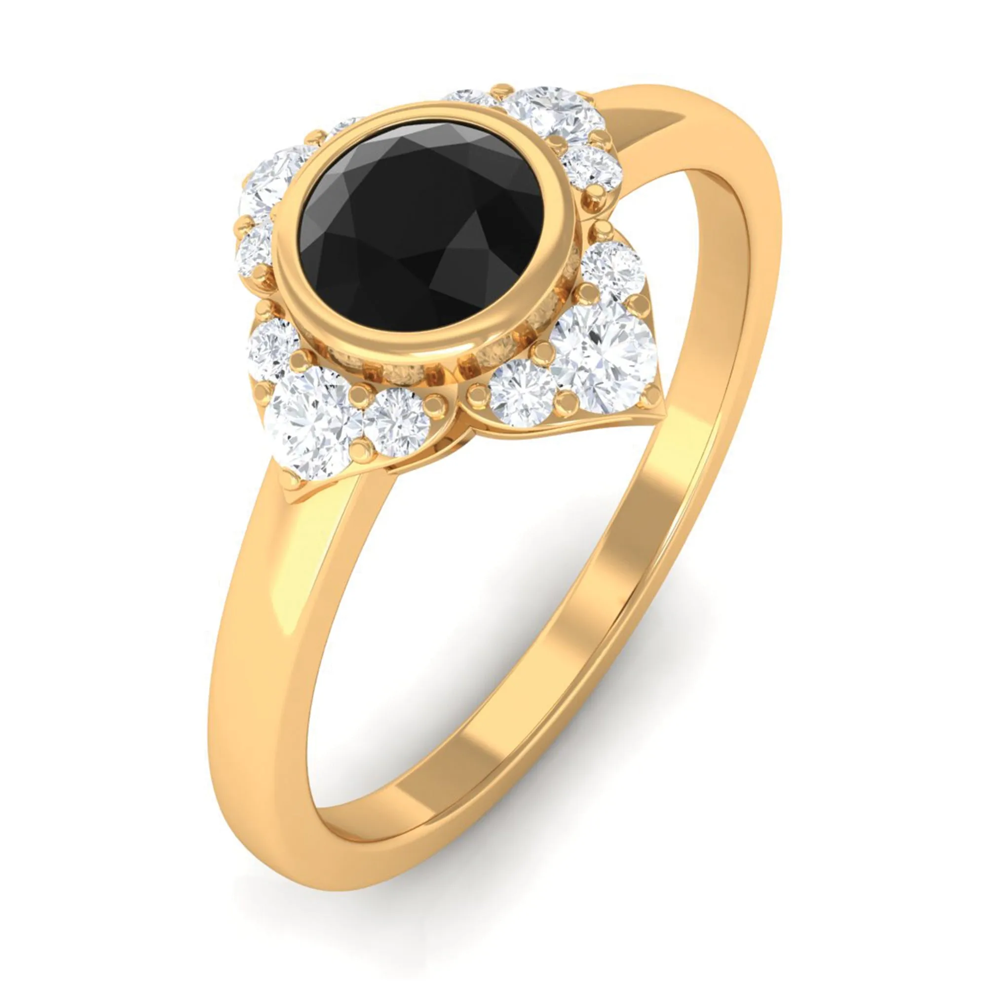 Bezel Set Black Diamond Flower Engagement Ring with Diamond