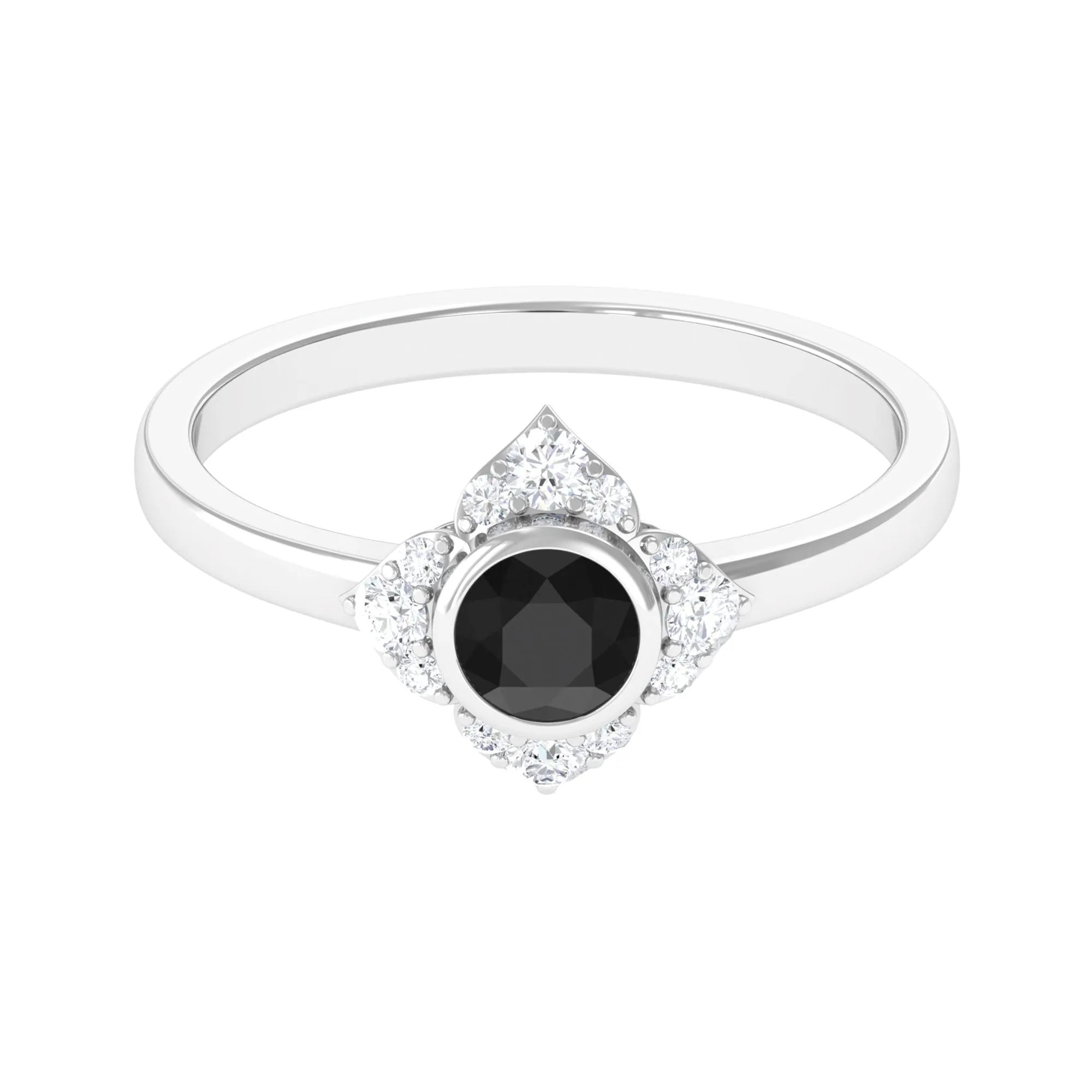 Bezel Set Black Diamond Flower Engagement Ring with Diamond