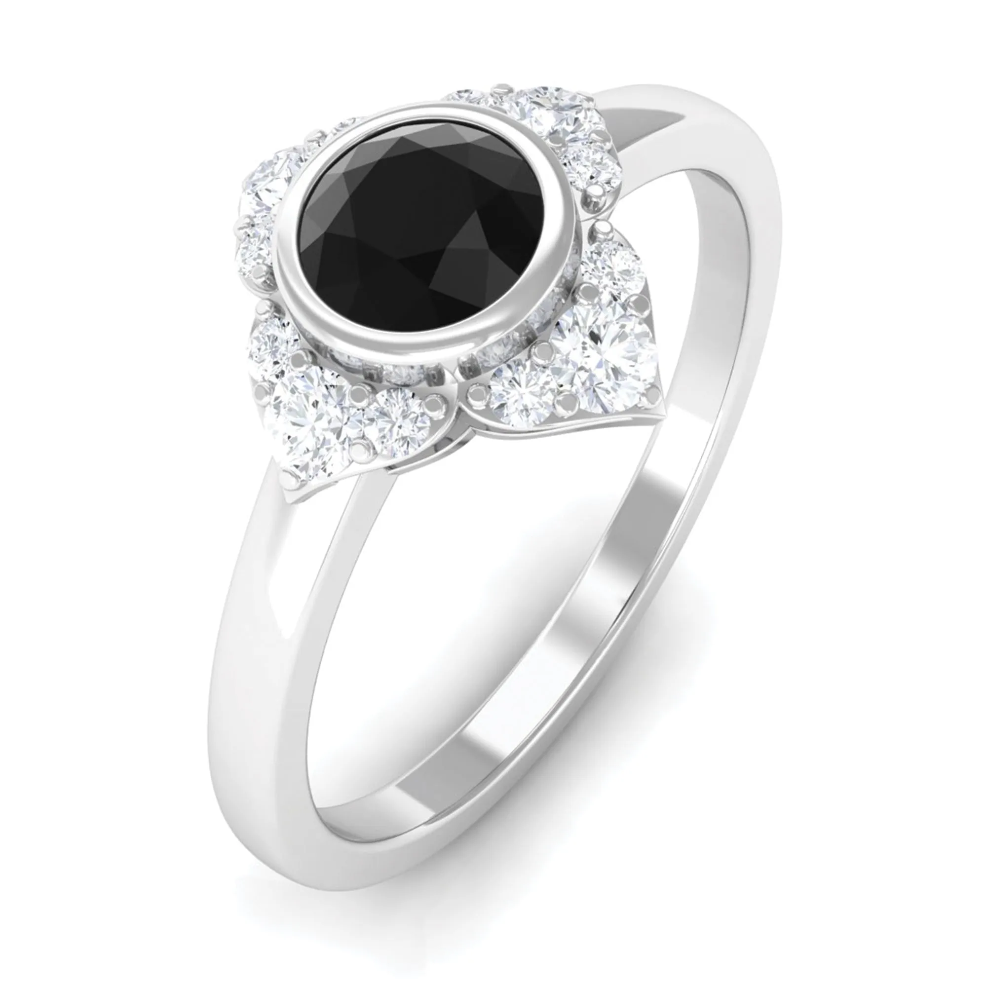 Bezel Set Black Diamond Flower Engagement Ring with Diamond