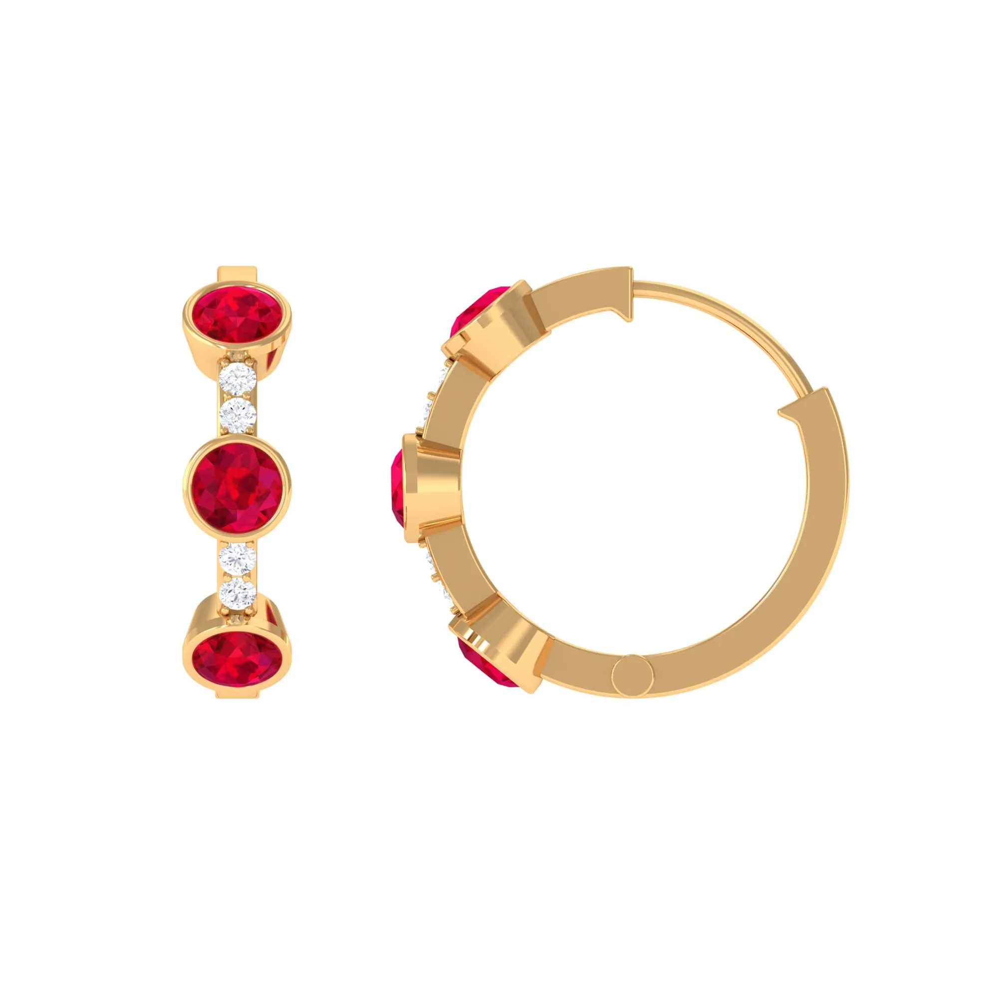 Bezel Set Created Ruby 3 Stone Hinged Hoop Earrings with Diamond